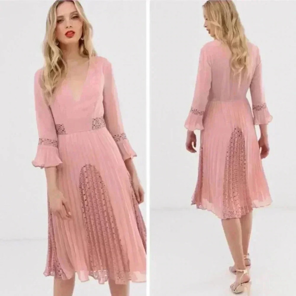 ASOS Dresses & Skirts - ASOS NWT Rose Pink Lace, Ruffle, Pleating Details Long Sleeve Midi Dress